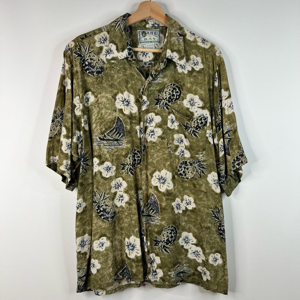 Vintage Hana Bay Camp Shirt Mens Large Green Tropical Hawaiian Floral Pineapple